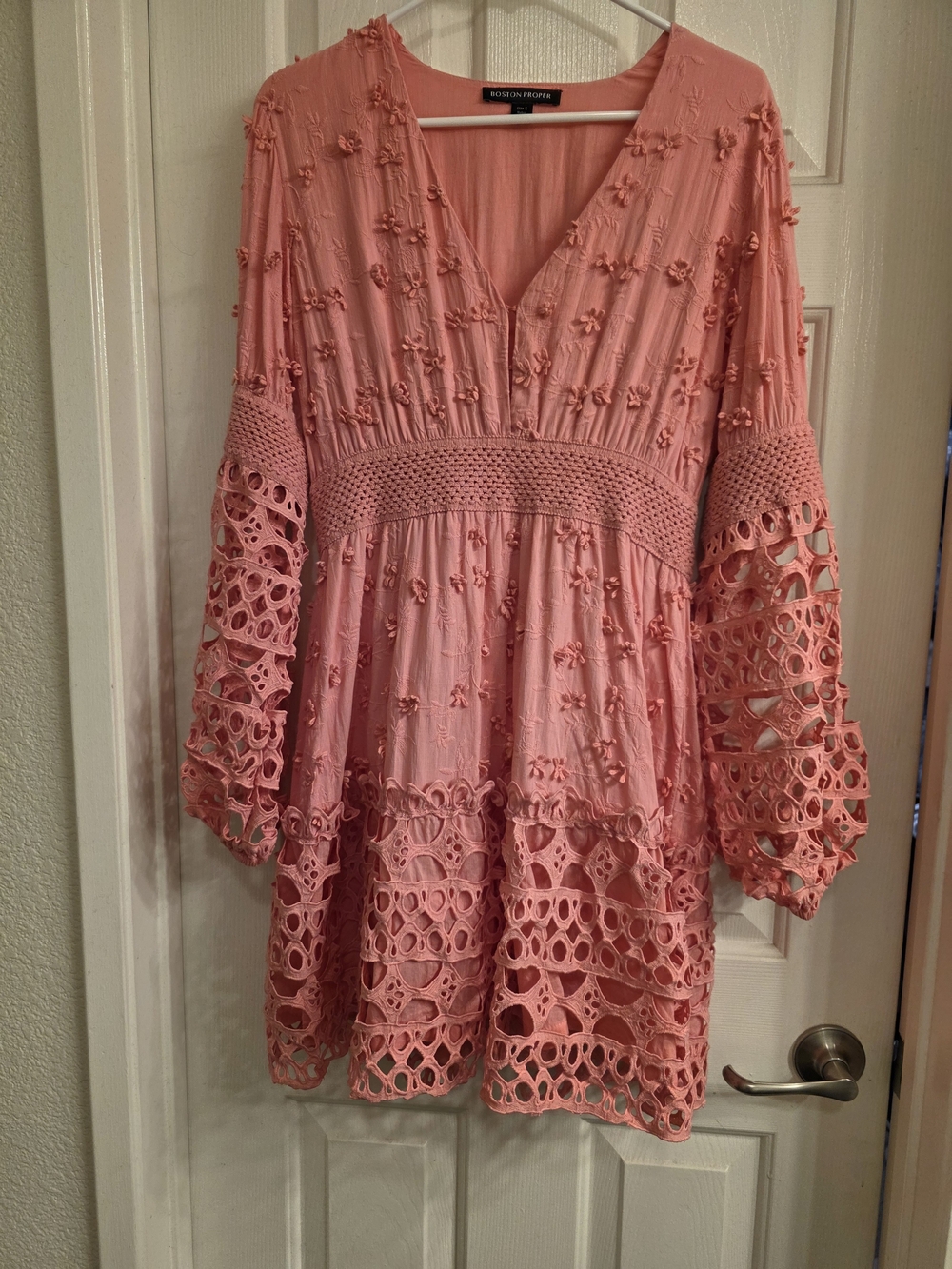 Boston Proper Coral Pink Crochet-Trim Long Sleeve Midi Dress